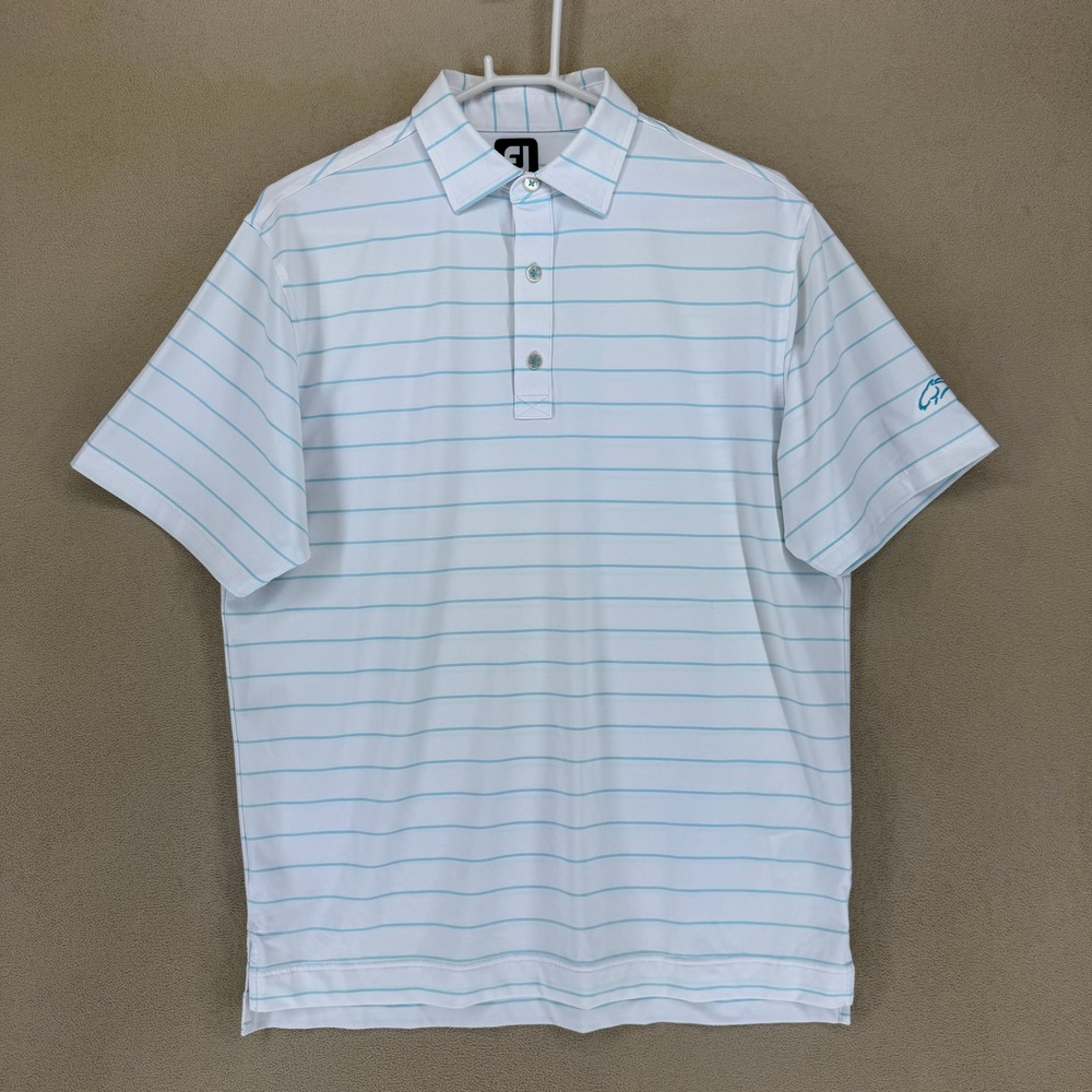 FootJoy FJ Mens Golf Polo Shirt White Blue Stripe Short‎ Sleeve Size M